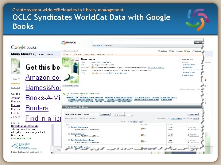 Create system-wide efficiencies in library management OCLC Syndicates World. Cat Data with Google Books