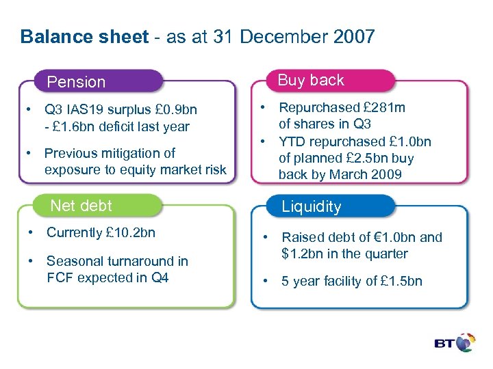 Balance sheet - as at 31 December 2007 Buy back Pension • Q 3