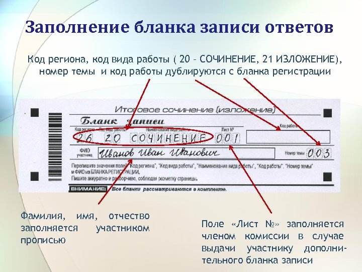 Заполнение бланка записи ответов Код региона, код вида работы ( 20 – СОЧИНЕНИЕ, 21