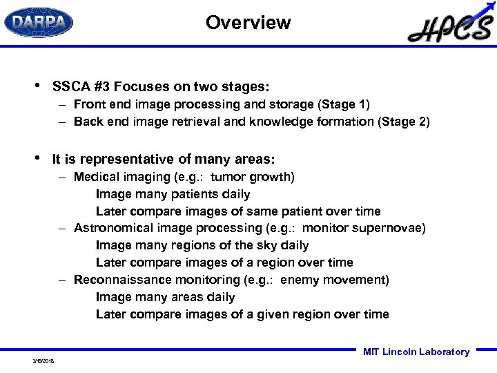 Overview • SSCA #3 Focuses on two stages: – Front end image processing and