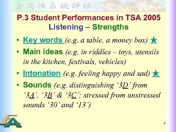 P. 3 Student Performances in TSA 2005 Listening – Strengths • Key words (e.