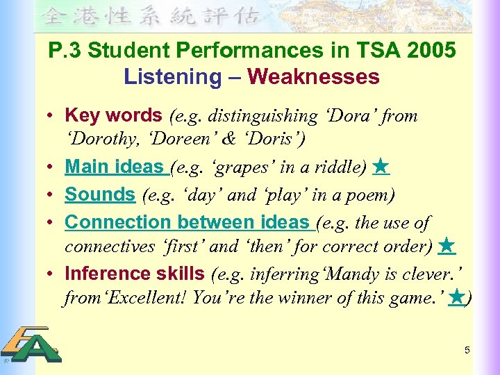 P. 3 Student Performances in TSA 2005 Listening – Weaknesses • Key words (e.