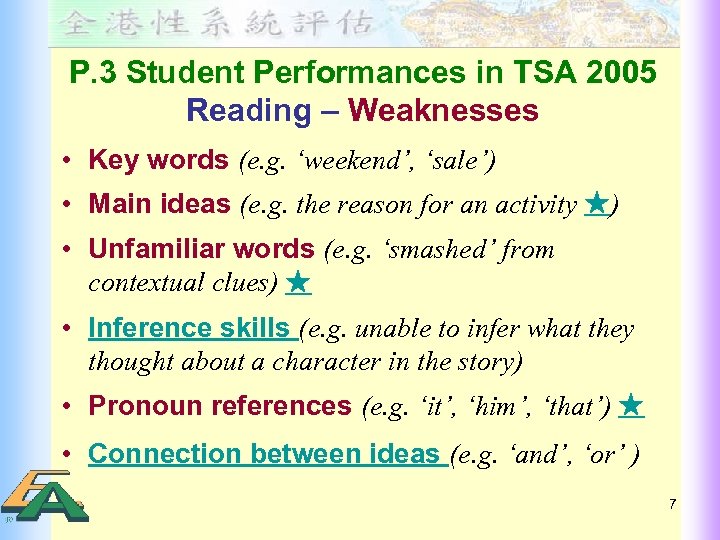 P. 3 Student Performances in TSA 2005 Reading – Weaknesses • Key words (e.