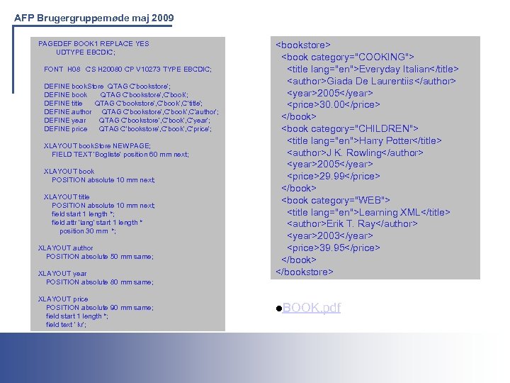 AFP Brugergruppemøde maj 2009 PAGEDEF BOOK 1 REPLACE YES UDTYPE EBCDIC; FONT H 08