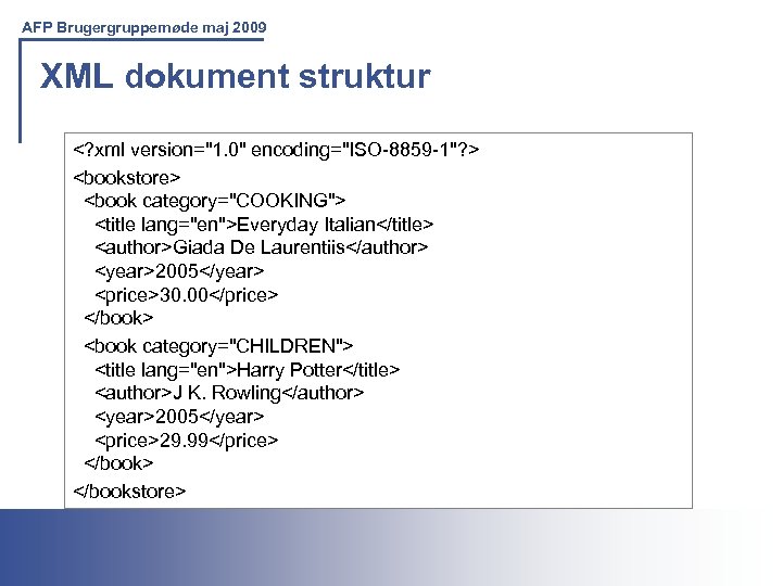 AFP Brugergruppemøde maj 2009 XML dokument struktur <? xml version="1. 0" encoding="ISO-8859 -1"? >