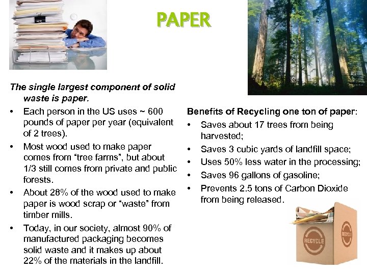 PAPER The single largest component of solid waste is paper. • Each person in