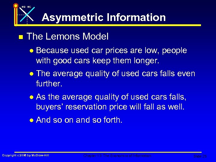 MB MC Asymmetric Information n The Lemons Model l Because used car prices are