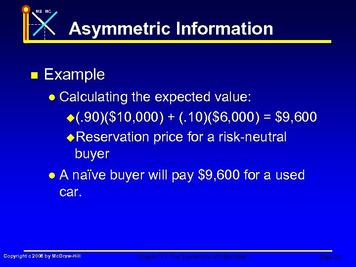 MB MC Asymmetric Information n Example l Calculating the expected value: u(. 90)($10, 000)