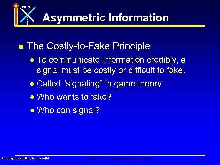 MB MC Asymmetric Information n The Costly-to-Fake Principle l To communicate information credibly, a