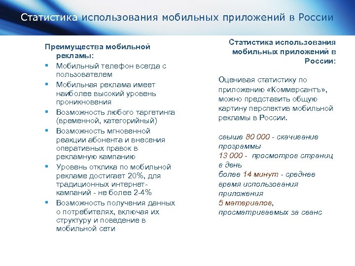 Статистика использования мобильных приложений в России Преимущества мобильной рекламы: § Мобильный телефон всегда с