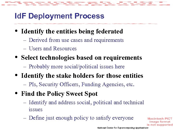 Id. F Deployment Process • Identify the entities being federated – Derived from use