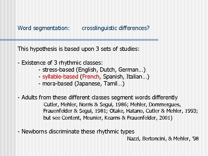 Word segmentation: crosslinguistic differences? This hypothesis is based upon 3 sets of studies: -