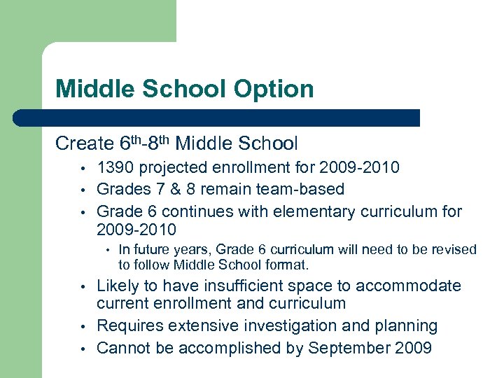 Middle School Option Create 6 th-8 th Middle School • • • 1390 projected