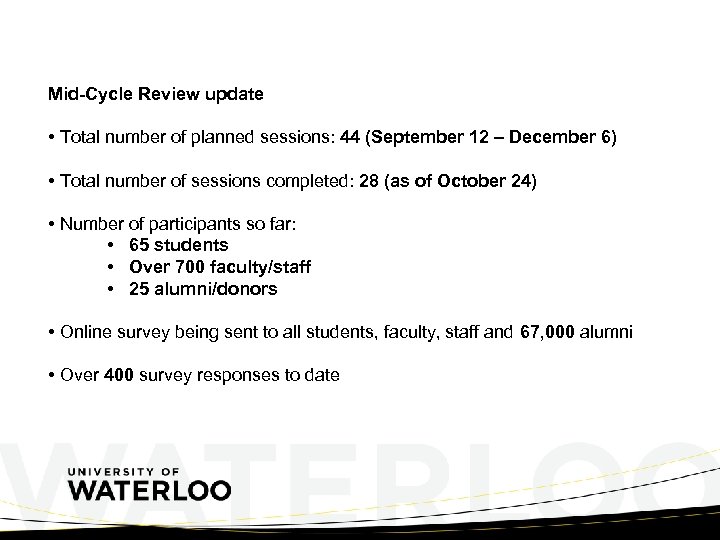 Mid-Cycle Review update • Total number of planned sessions: 44 (September 12 – December