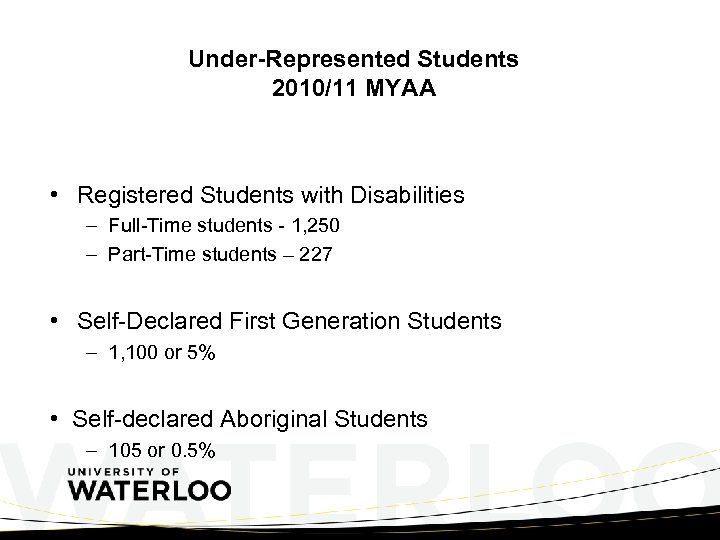 Under-Represented Students 2010/11 MYAA • Registered Students with Disabilities – Full-Time students - 1,
