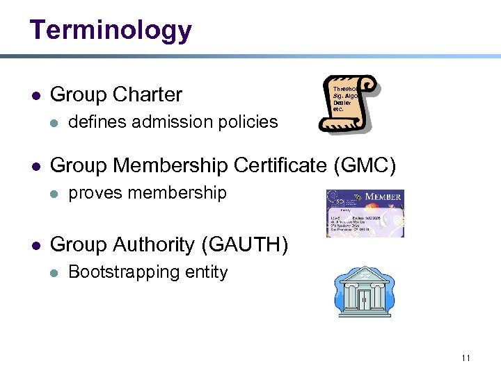 Terminology l Group Charter l l Group Membership Certificate (GMC) l l defines admission