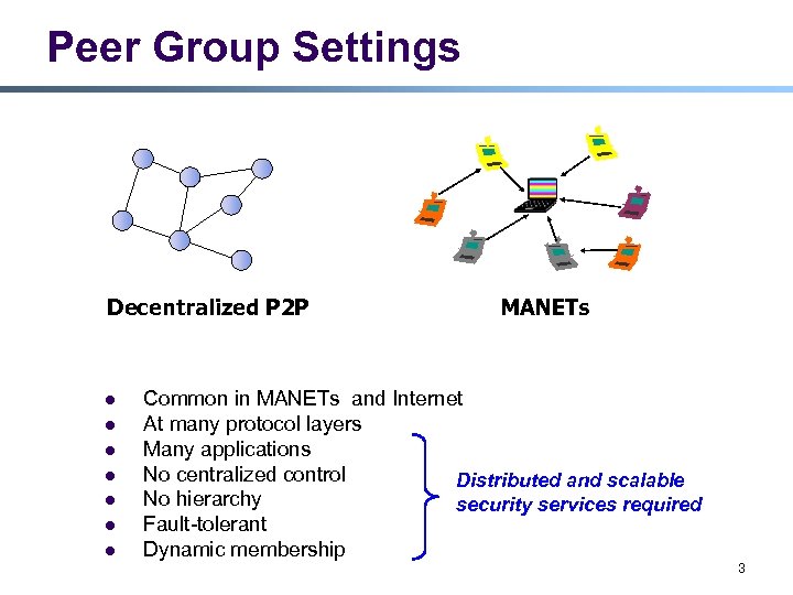Peer Group Settings Decentralized P 2 P l l l l MANETs Common in