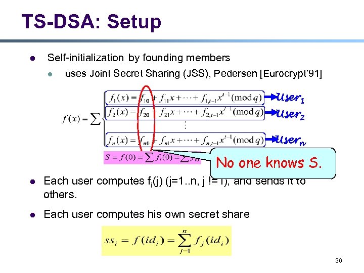 TS-DSA: Setup l Self-initialization by founding members l uses Joint Secret Sharing (JSS), Pedersen