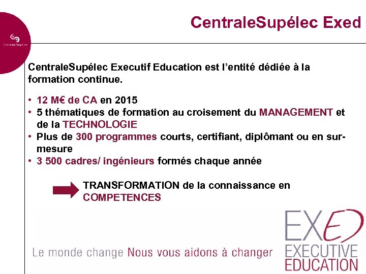 Centrale. Supélec Exed Centrale. Supélec Executif Education est l’entité dédiée à la formation continue.