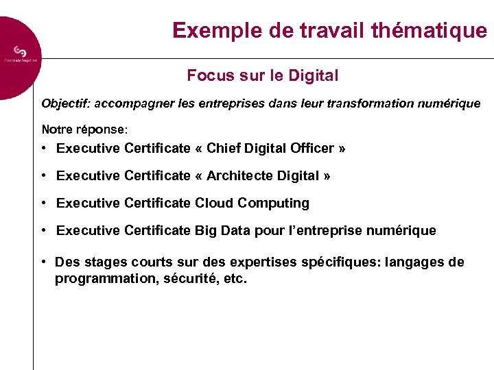 Exemple de travail thématique Focus sur le Digital Objectif: accompagner les entreprises dans leur