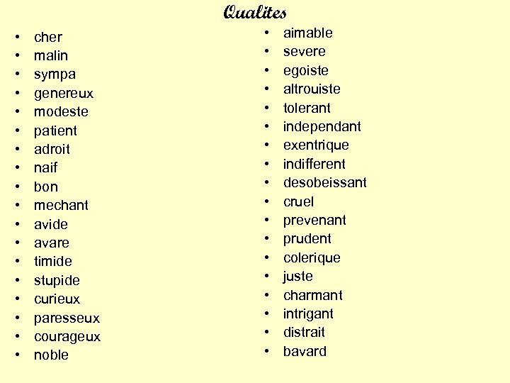 Qualites • • • • • cher malin sympa genereux modeste patient adroit naif