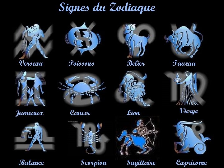Signes du Zodiaque Verseau Poissons Belier Jumeaux Cancer Lion Balance Scorpion Sagittaire Taurau Vierge