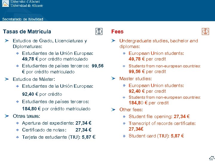 Tasas de Matrícula Fees Estudios de Grado, Licenciaturas y Diplomaturas: Estudiantes de la Unión