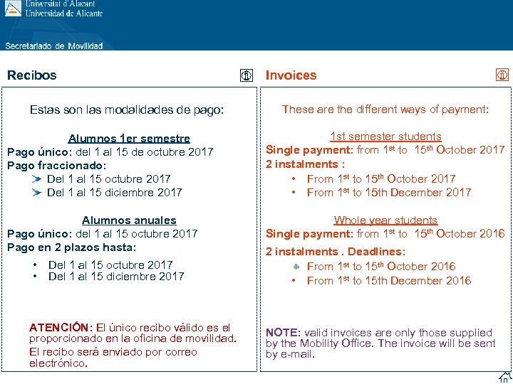 Recibos Estas son las modalidades de pago: Invoices These are the different ways of