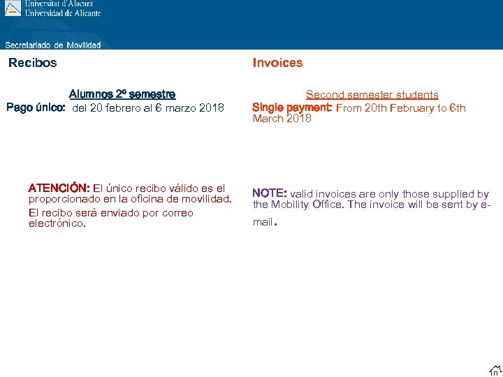 Recibos Invoices Alumnos 2º semestre Pago único: del 20 febrero al 6 marzo 2018