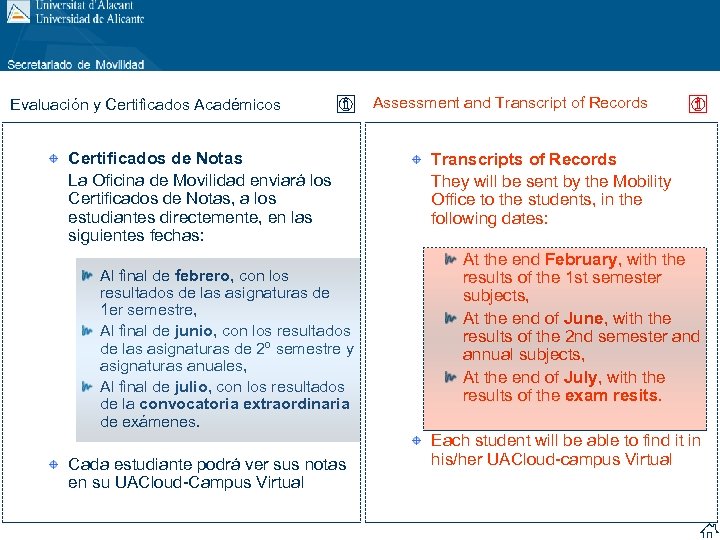 Evaluación y Certificados Académicos Certificados de Notas La Oficina de Movilidad enviará los Certificados