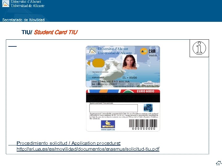 TIU/ Student Card TIU Procedimiento solicitud / Application procedure: http: //sri. ua. es/es/movilidad/documentos/erasmus/solicitud-tiu. pdf