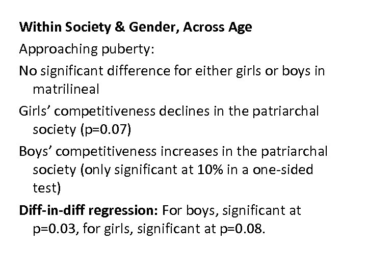 Within Society & Gender, Across Age Approaching puberty: No significant difference for either girls