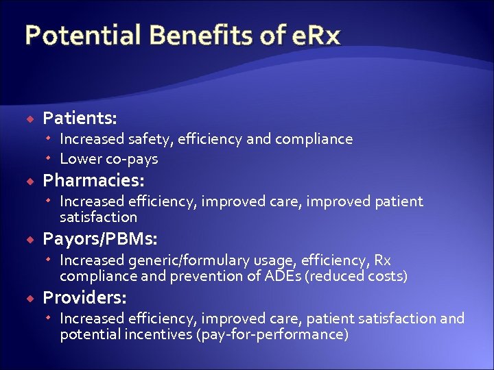 Potential Benefits of e. Rx Patients: Increased safety, efficiency and compliance Lower co-pays Pharmacies: