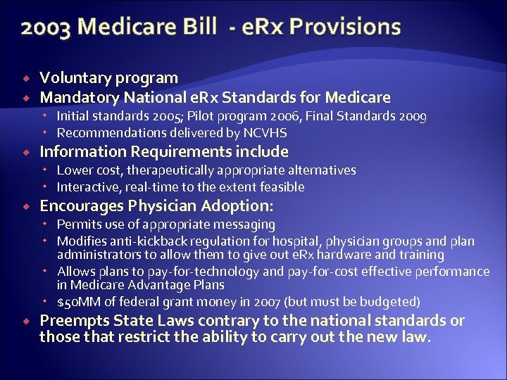 2003 Medicare Bill - e. Rx Provisions Voluntary program Mandatory National e. Rx Standards