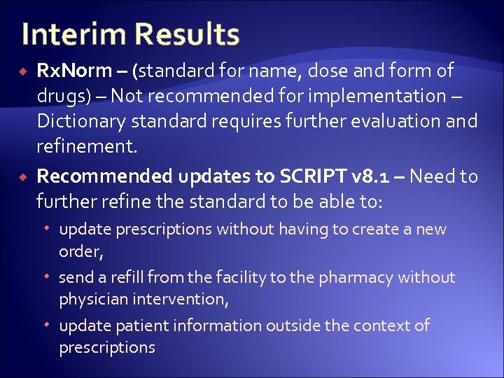 Interim Results Rx. Norm – (standard for name, dose and form of drugs) –