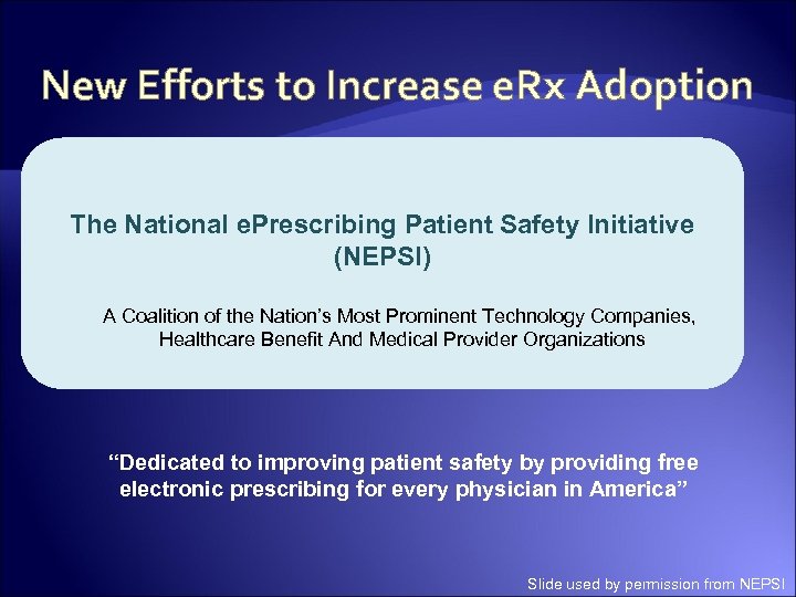 New Efforts to Increase e. Rx Adoption The National e. Prescribing Patient Safety Initiative