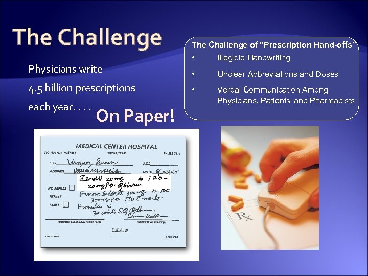 The Challenge Physicians write 4. 5 billion prescriptions each year. . On Paper! The