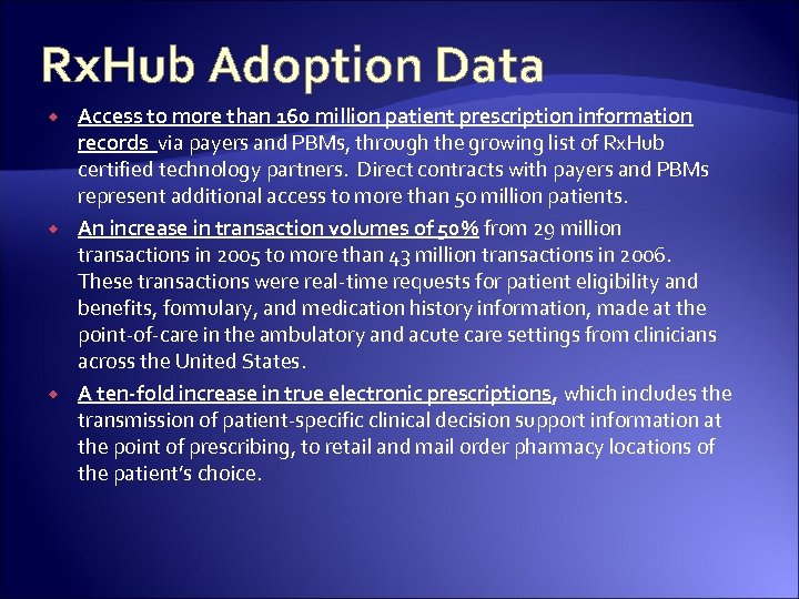 Rx. Hub Adoption Data Access to more than 160 million patient prescription information records