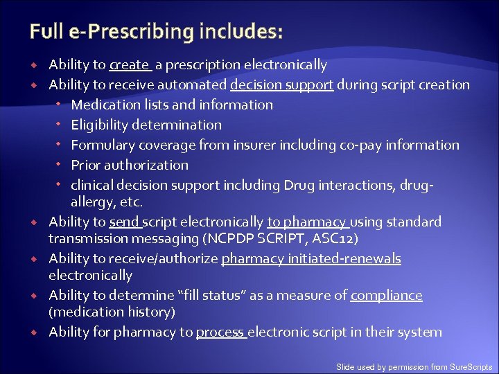 Full e-Prescribing includes: Ability to create a prescription electronically Ability to receive automated decision