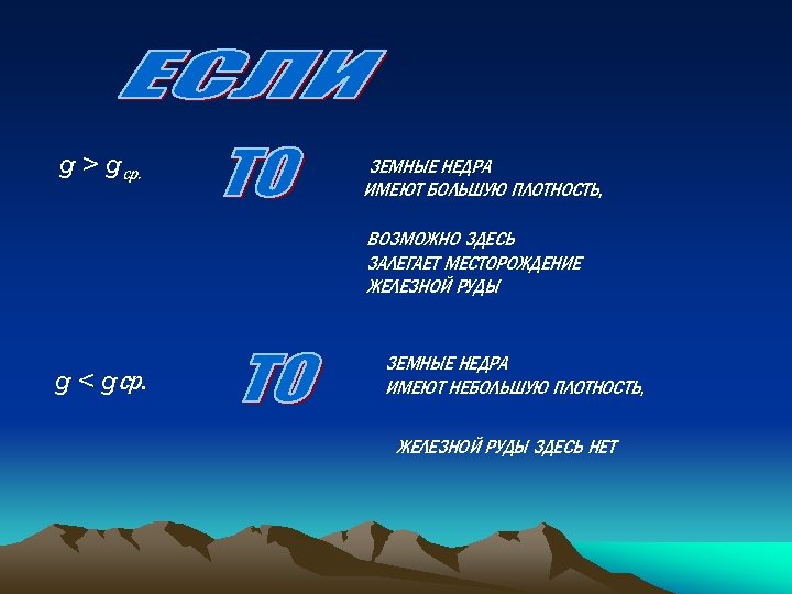 g > gср. ЗЕМНЫЕ НЕДРА ИМЕЮТ БОЛЬШУЮ ПЛОТНОСТЬ, ВОЗМОЖНО ЗДЕСЬ ЗАЛЕГАЕТ МЕСТОРОЖДЕНИЕ ЖЕЛЕЗНОЙ РУДЫ