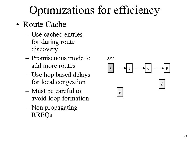 Optimizations for efficiency • Route Cache – Use cached entries for during route discovery