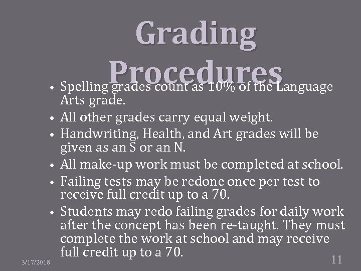  3/17/2018 Grading Procedures Spelling grades count as 10% of the Language Arts grade.
