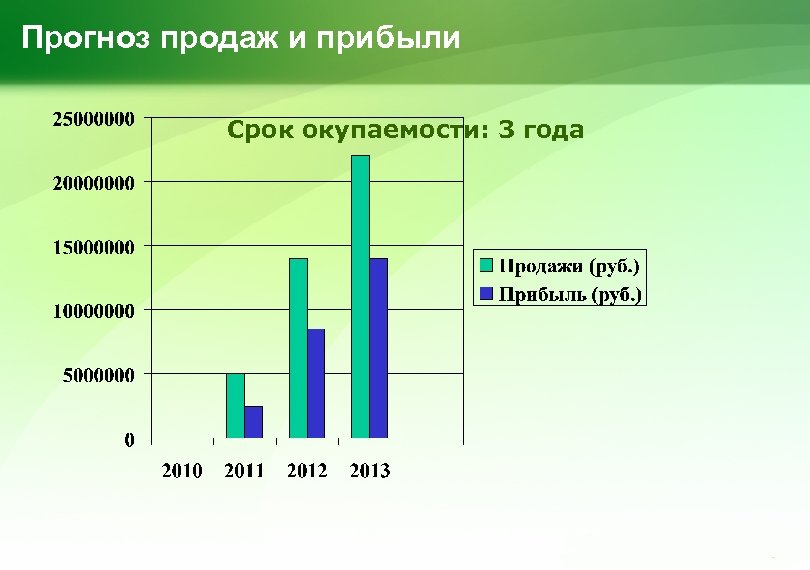 Прогноз продаж и прибыли Срок окупаемости: 3 года 