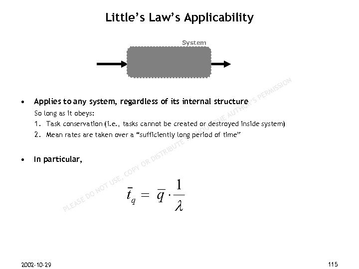 Little’s Law’s Applicability System N M • ER SP IO ISS Applies to any