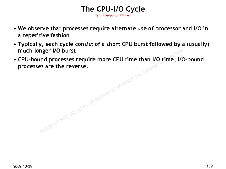 The CPU-I/O Cycle By L. Logrippo, U Ottawa • We observe that processes require