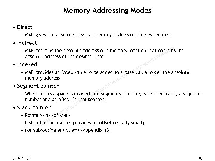 Memory Addressing Modes • Direct – MAR gives the absolute physical memory address of
