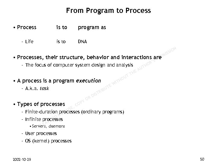 From Program to Process • Process – Life is to program as is to