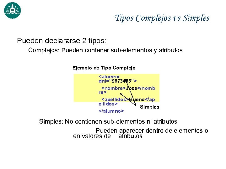 Tipos Complejos vs Simples Pueden declararse 2 tipos: Complejos: Pueden contener sub-elementos y atributos