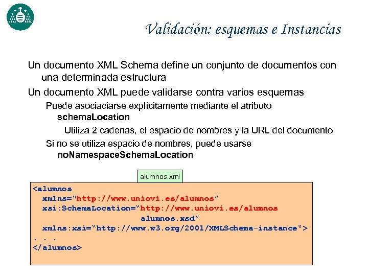 Validación: esquemas e Instancias Un documento XML Schema define un conjunto de documentos con