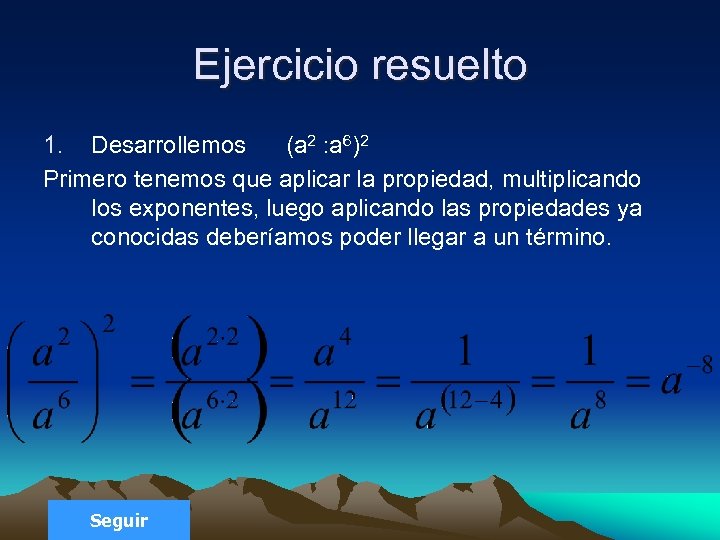 Ejercicio resuelto 1. Desarrollemos (a 2 : a 6)2 Primero tenemos que aplicar la